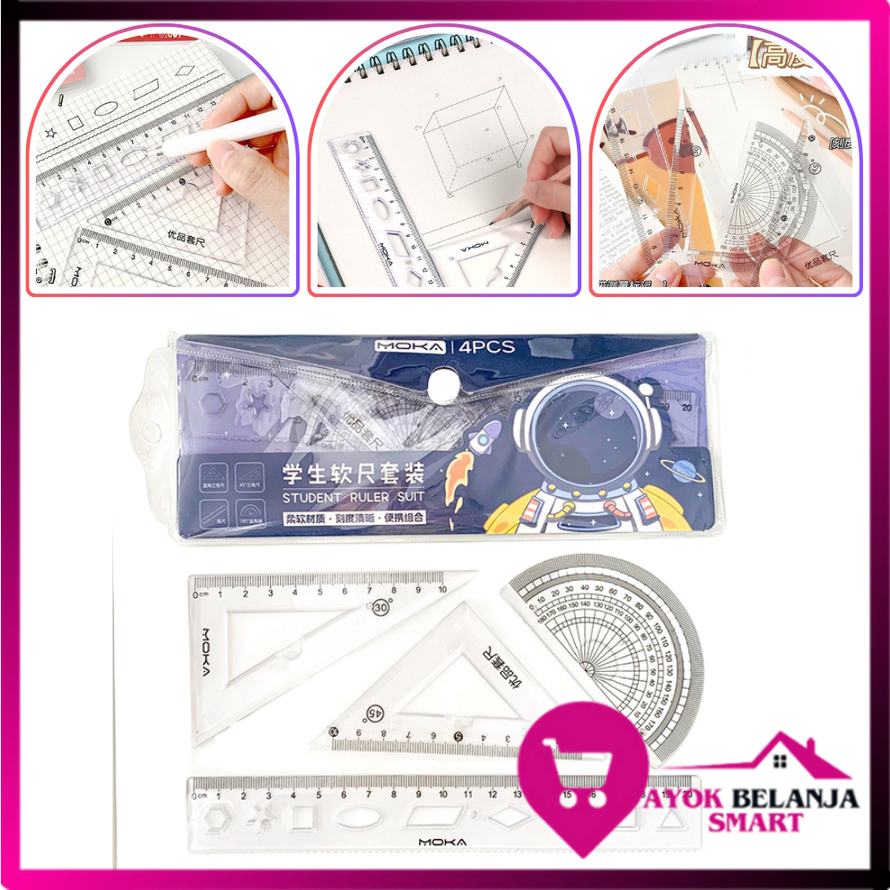 

ABS Penggaris Set 4IN1 20Cm Penggaris Lentur Bening Isi 4Pcs Lucu Ruller Set Transparant Perlengkapan Sekolah Menggambar Pelajar Mahasiswa Motif Polos Kemasan Ziplock