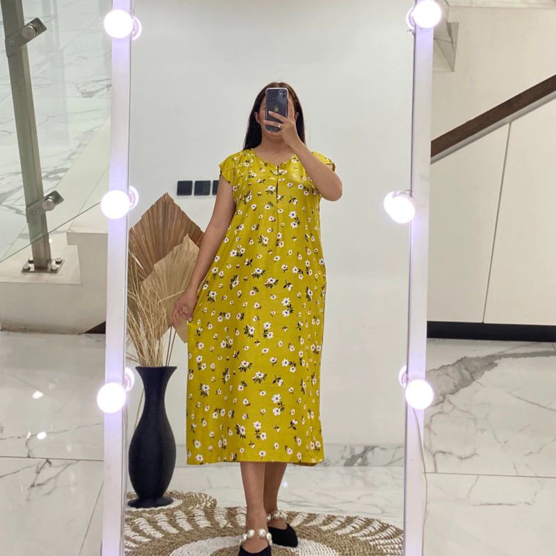Midi Dress Daster Bali Jumbo Motif Bunga Bahan Katun Rayon