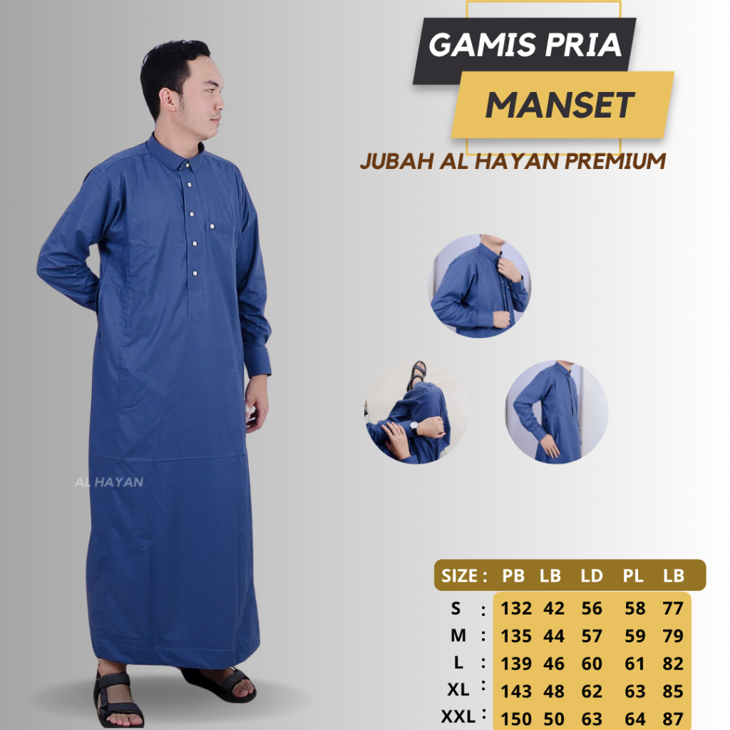 Jubah Pria Alhayan / Pakaian Gamis Pria Muslim Dewasa Lengan Panjang Kerah Kemeja