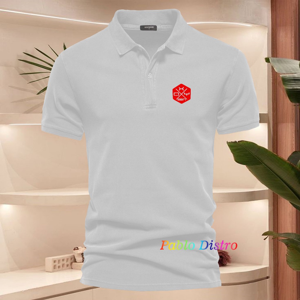 Baju Distro Style Polo Kerah Oxigen Petak Text Merah Kaos Polo T Shirt Denim Premium Quality Atasan 