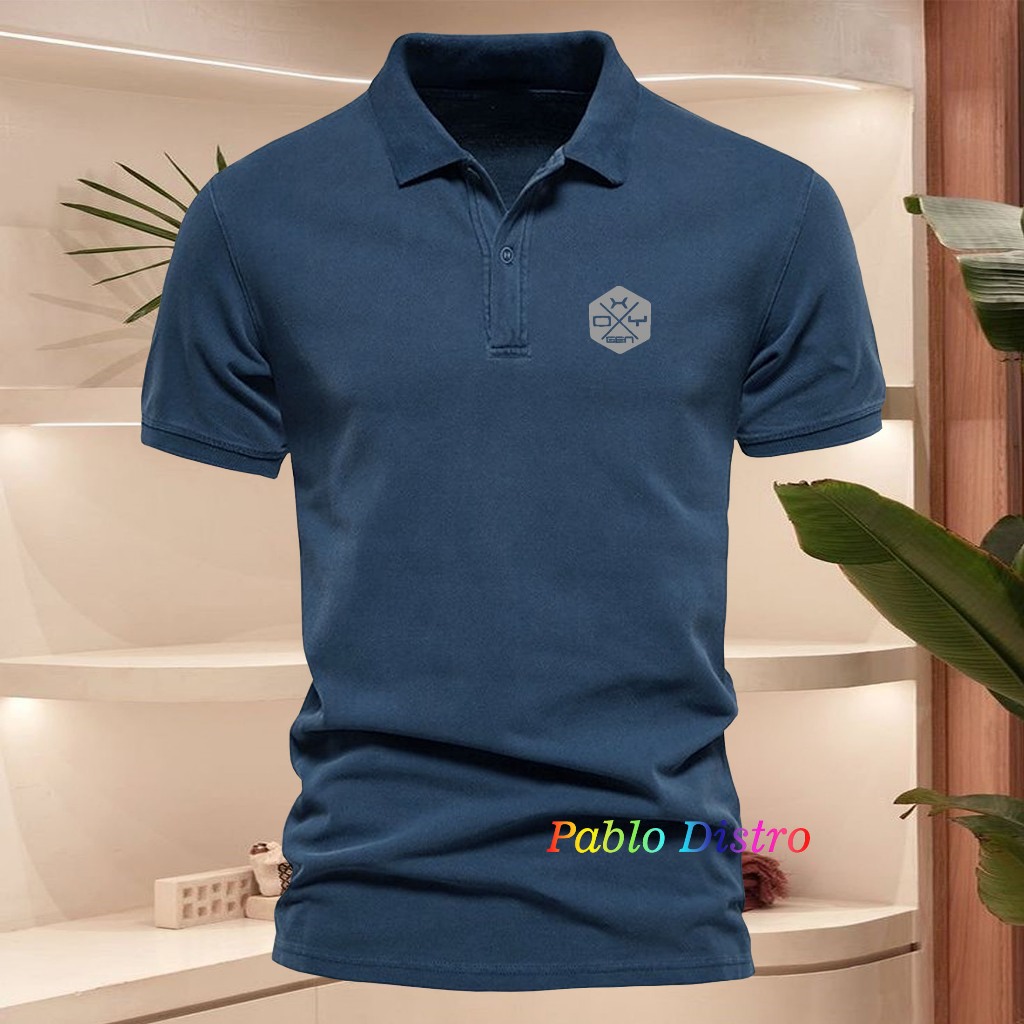 Baju Distro Style Polo Kerah Oxigen Petak Text Silver Kaos Polo T Shirt Denim Premium Quality Atasan