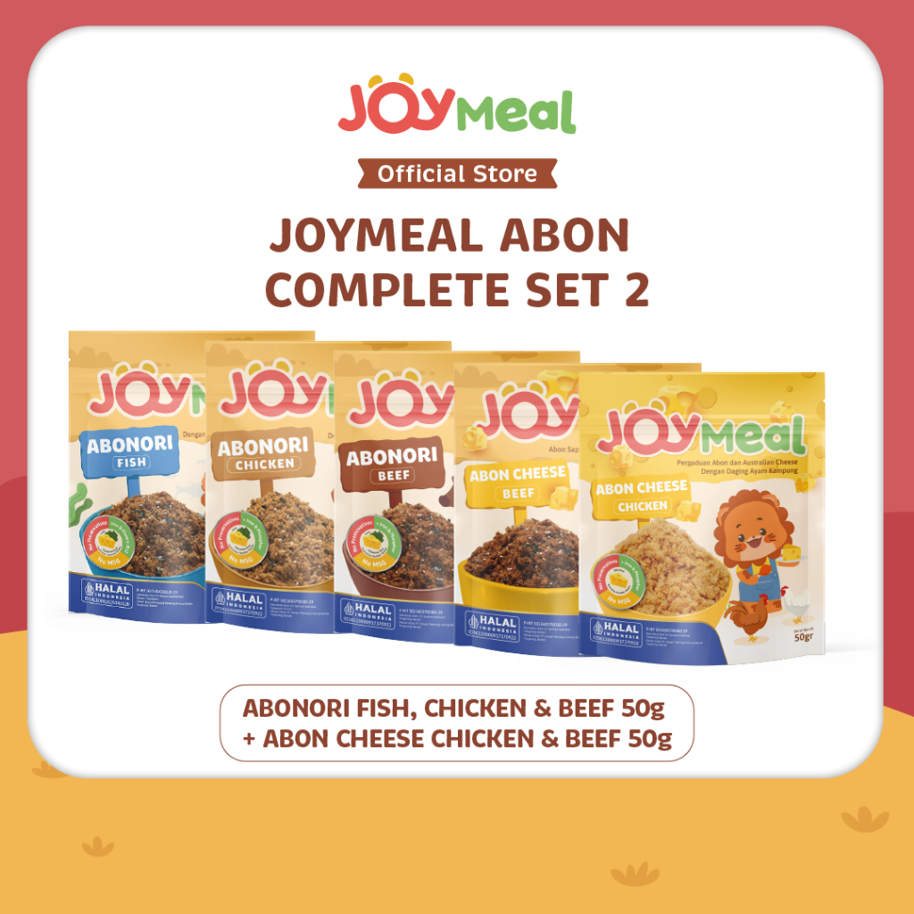 

[Bundle 5 pcs] JoyMeal ABONORI Complete Set - Abon Ikan, Abon Sapi, Abon Ayam & Keju @50gr | MPASI Cemilan Sehat Bayi & Anak Perpaduan Nori dengan Daging Ikan Salmon, Tuna, Daging Sapi Tenderloin, dan Cheese