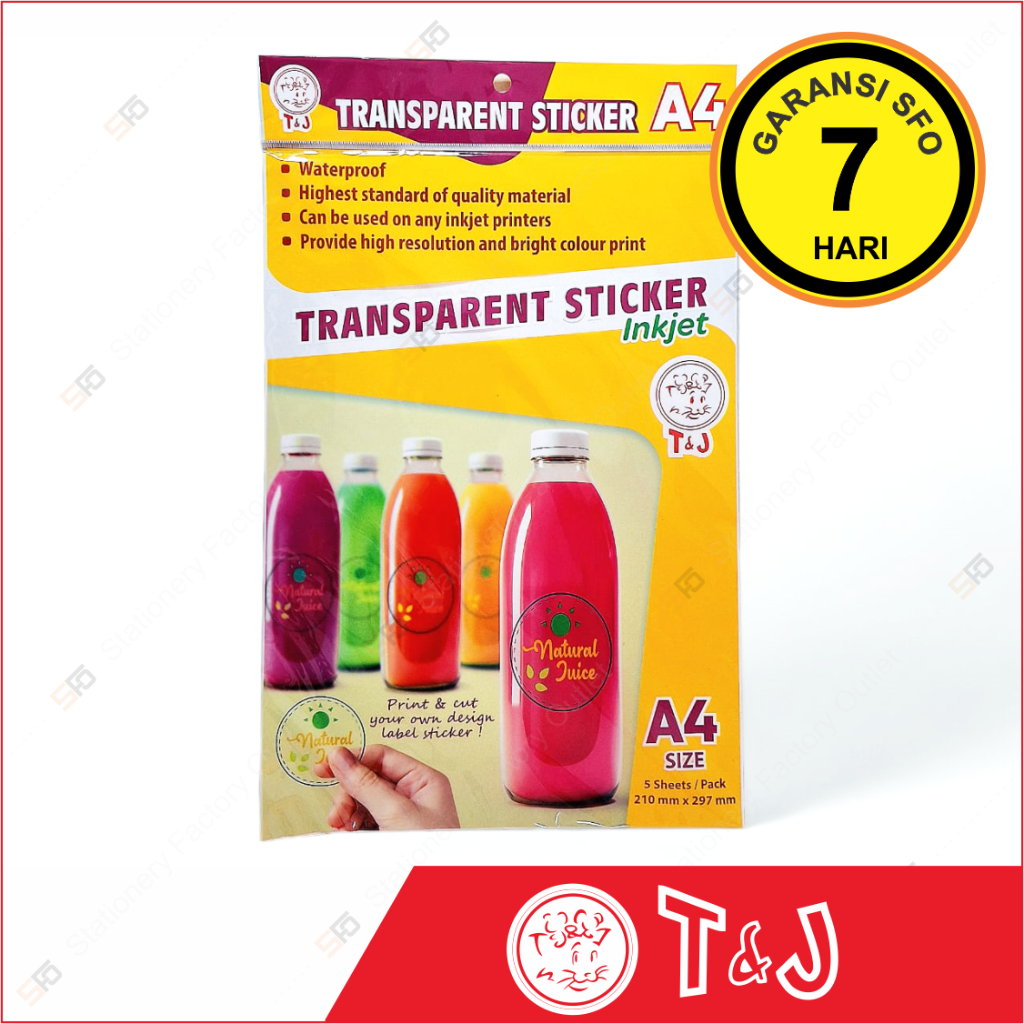 

Transparent Sticker T&J A4 - 5 sheets Inkjet - SFO Semarang Official