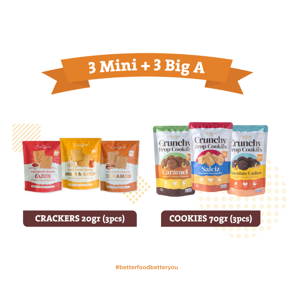 

3 Mini 20 gram + 3 BIG @70gram (Mix Crackers and Cookies) Gluten Free , vegan, baked snacks