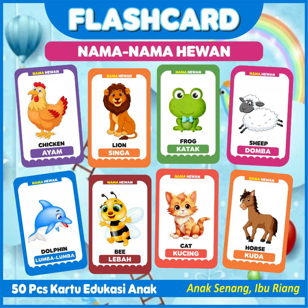 Flash Card Nama Hewan Bahasa Indonesia Kartu Edukasi Anak COD