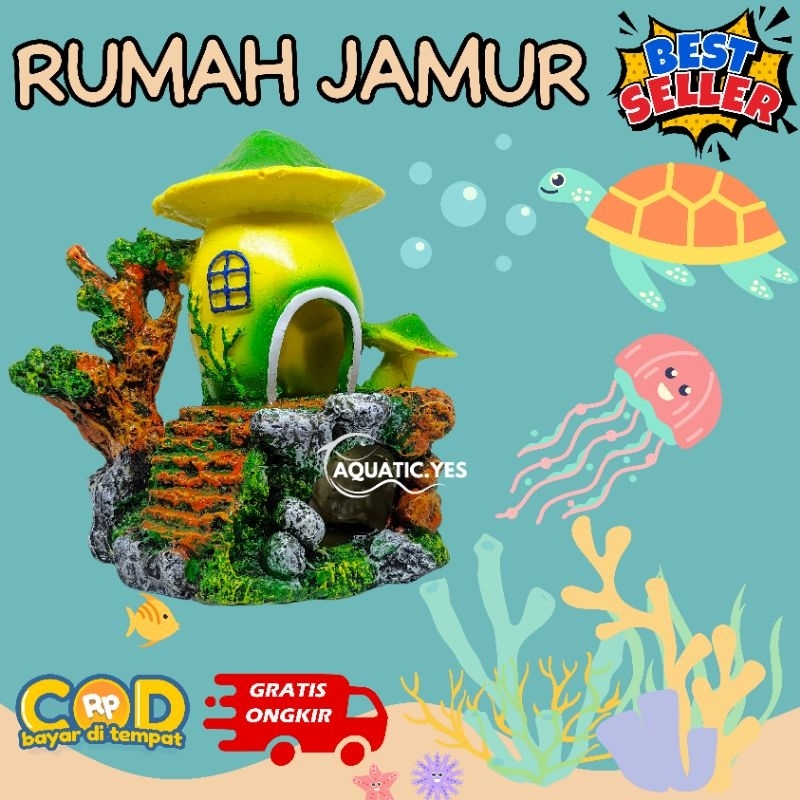 hiasan aquarium rumah jamur, ornamen aquarium rumah jamur, hiasan aquarium resin
