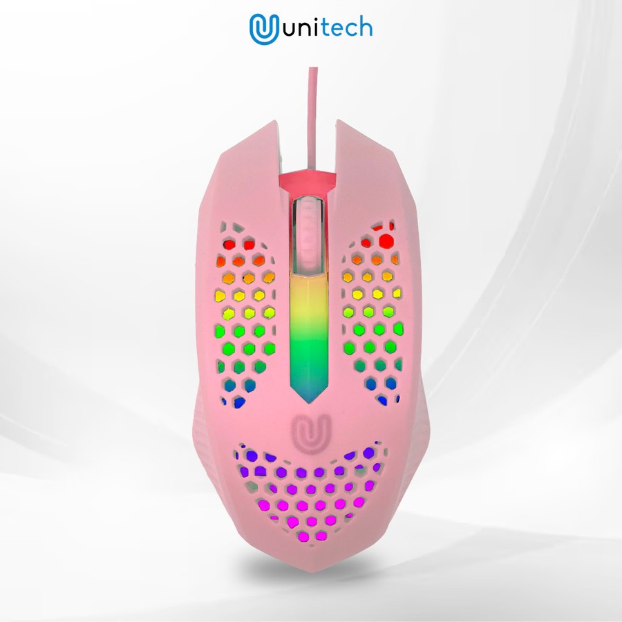 Mouse Gaming Kabel USB Honey Comb Unitech G11 Mouse 7 LED RGB 7200 DPI - Merah Muda