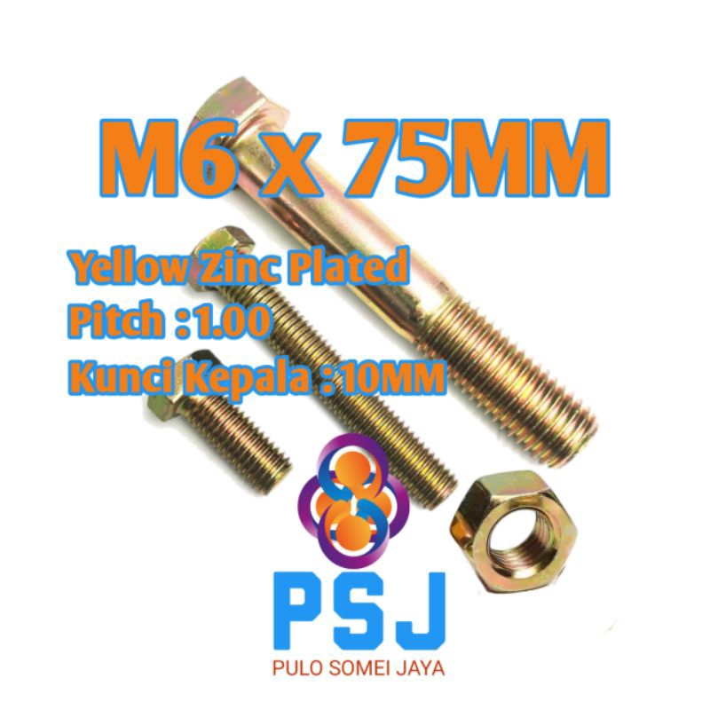 Baut Mur Hexagon Kuning M6 x 75 / BMK Hexagon Kunci 10