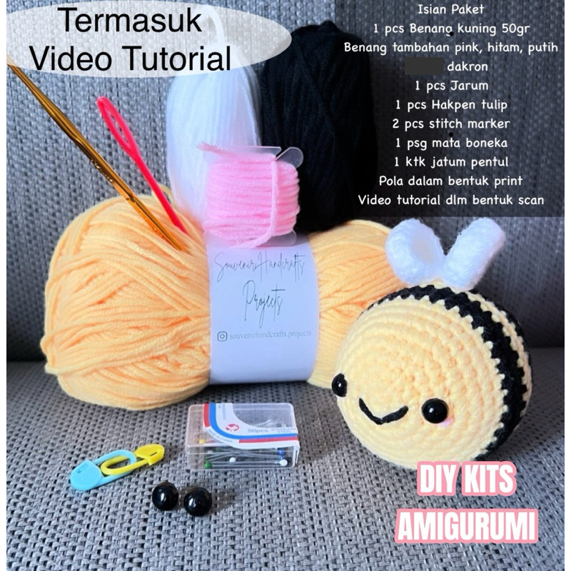 DIY KIT Crochet Bee -Paket Rajut Amigurumi - DIY Kits Crochet Penguin - DIY Crochet Kit Amigurumi Ko