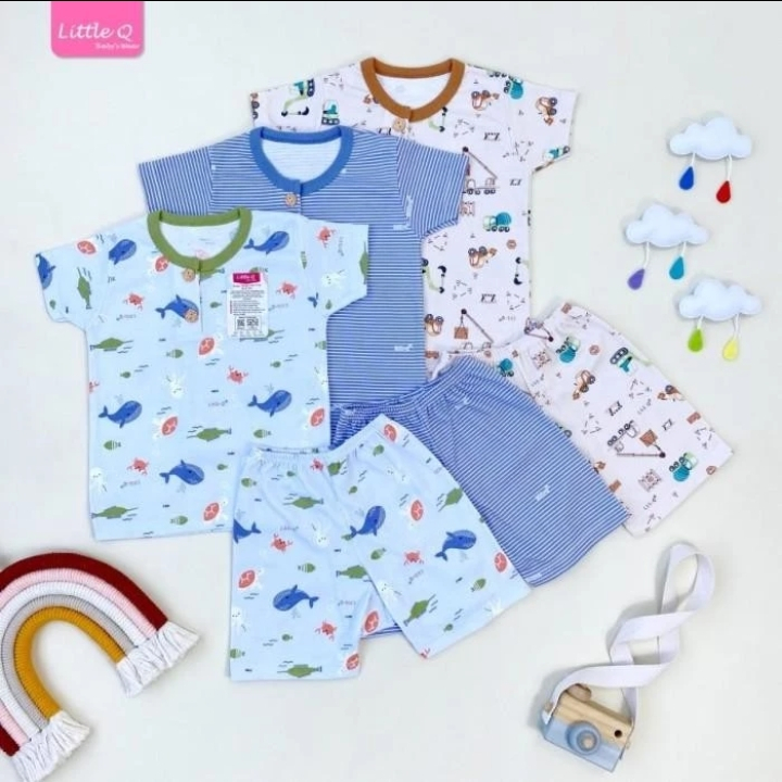 Little q setelan baju bayi pendek motif isi 3pc setelan little q s m L xl xxl setelan baju bayi