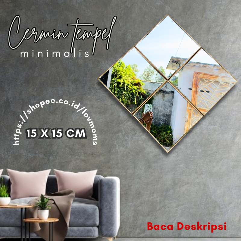 Kaca Cermin Tempel Dinding Ukuran 15X15 Kotak Persegi Dekorasi Hiasan Dinding Ruang Tamu Kamar Tidur