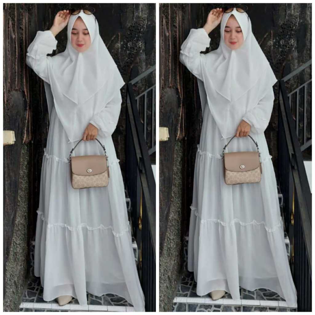 syarii putih ceruty bebydoll set khimar 2 layer terbaru / gamis rempel + hijab seruty