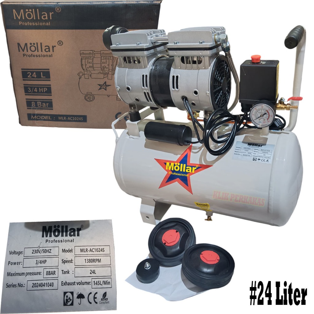 MOLLAR AC1024S Kompresor Angin SILENT 3/4 HP 24 Liter Oilless Oiless