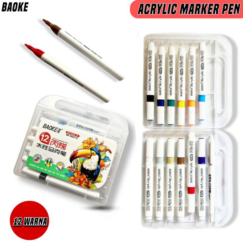 

12 Color Spidol Baoke Acrylic Marker Pen (MP.2945-12) /Spidol 12 Warna/Spidol Air/Spidol Murah