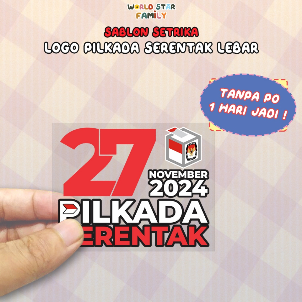 

WSF Stiker Kain LOGO PILKDA SERENTAK 2024 Stiker Pilgub 2024 Pilkada 2024 Pilkada serentak 27 November 2024 Stiker DIY Souvenir Sablon setrika Stiker label STIKER LABEL BAJU MURAH Sablon DTF