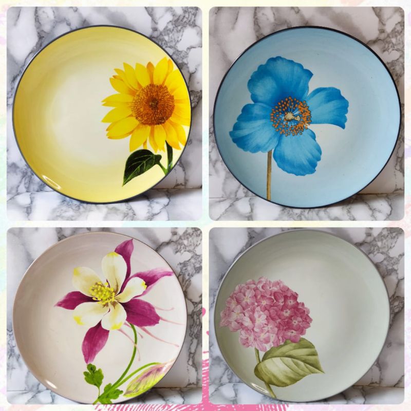 Piring Keramik Hiasan Dinding Motif Bunga | Piring Keramik + Kawat Gantungan