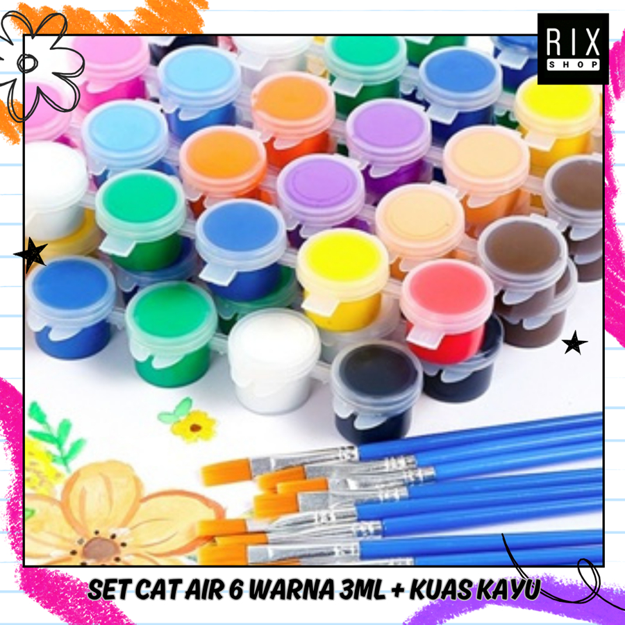

RIX Tambahan Perlengkapan Alat Melukis - Set 6 Warna Cat Akrilik 3ML + Kuas Kayu
