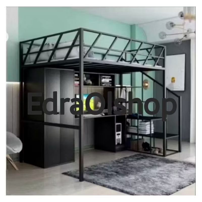 100x200cm Ranjang Loftbed Besi Mezzanine Tingkat Atas Tanpa Lemari dan Meja Belajar Costum