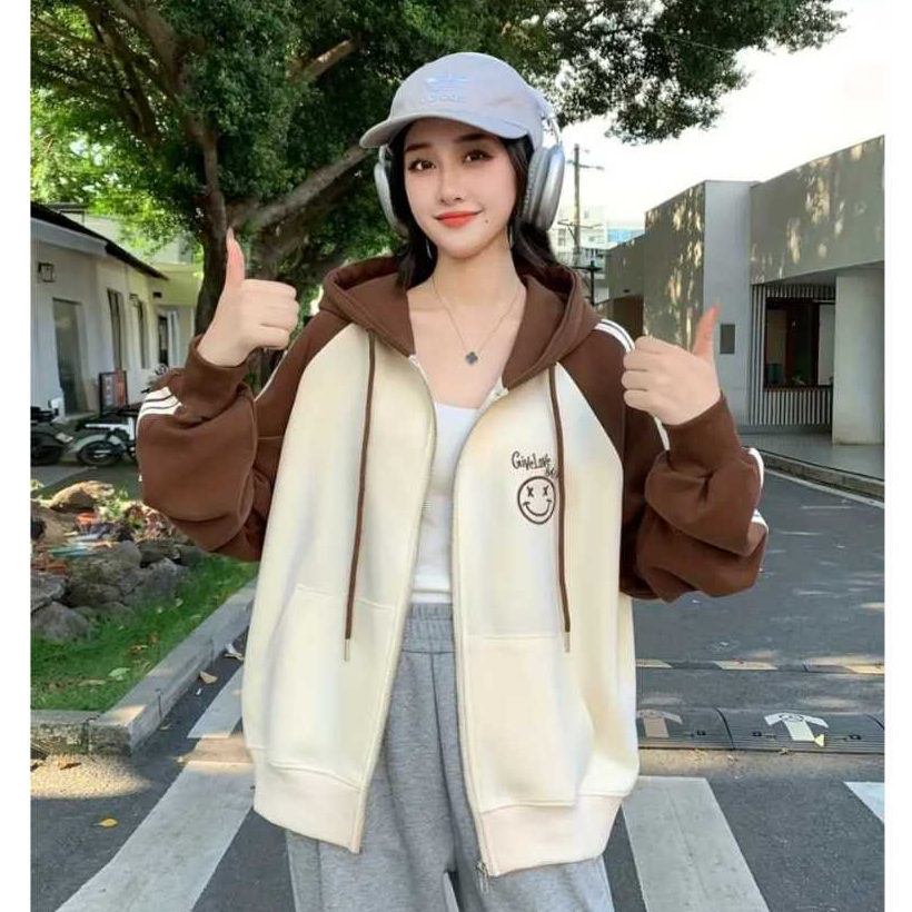 Cemprus.id - Jacket Smile Stripe Zipper Hoodie Wanita Oversize - Jacket Oversize Wanita Korean Style