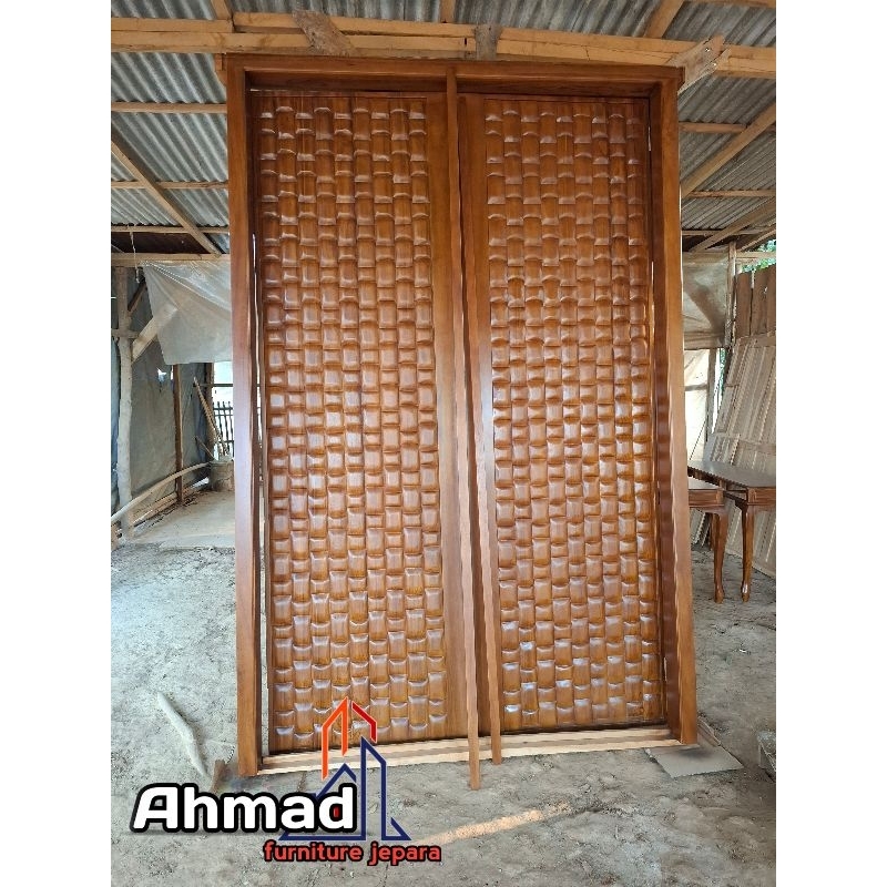 kusen pintu jumbo motif anyaman full kayu jati