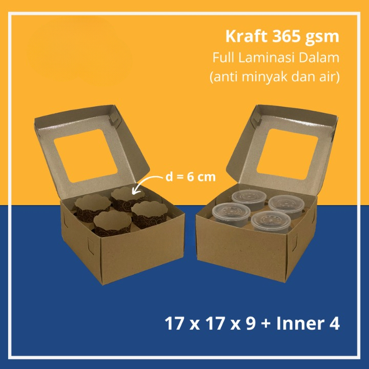 

(10pcs) Box Jendela Mika Kemasan Kue Muffin Cupcake Lubang 4 Dus Hampers Pudding Size 17x17x9cm