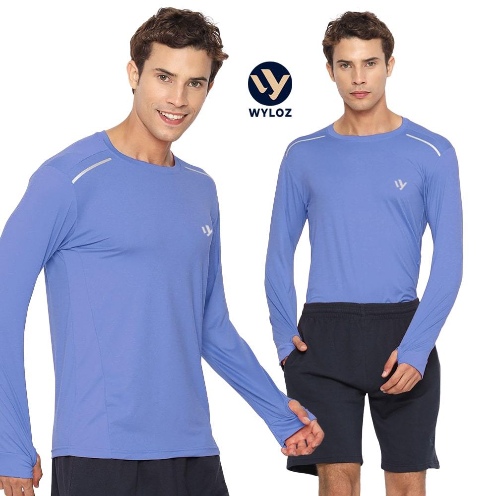 Wyloz Baju Lari Pria Kaos Training Olahraga Jersey Running Sport Lengan Panjang Gym Fitness Biru CF