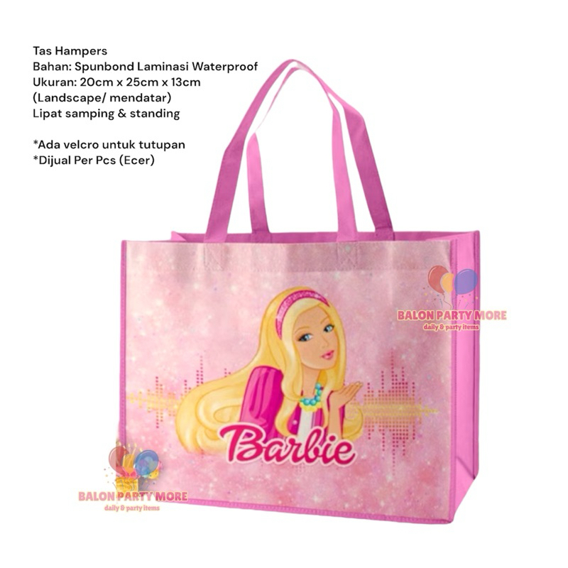 

(ECERAN BARBIE) TAS HAMPERS SOUVENIR BAHAN SPUNBOND PINK MERAH MUDA MURAH LAMINASI UKURAN 20cm x 25cm x 13cm / TAS SERBAGUNA ANTI AIR MURAH / Kuromi Sanrio Cinnamoroll