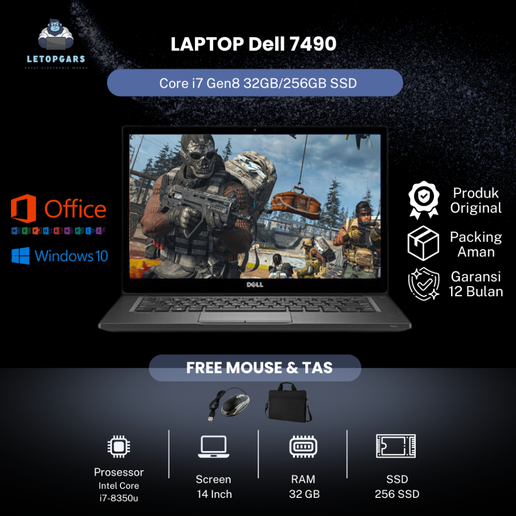 LAPTOP Dell 7490 Core i7 Gen 8th RAM 32GB/256GB SSD FREE MOUSE DAN TAS 