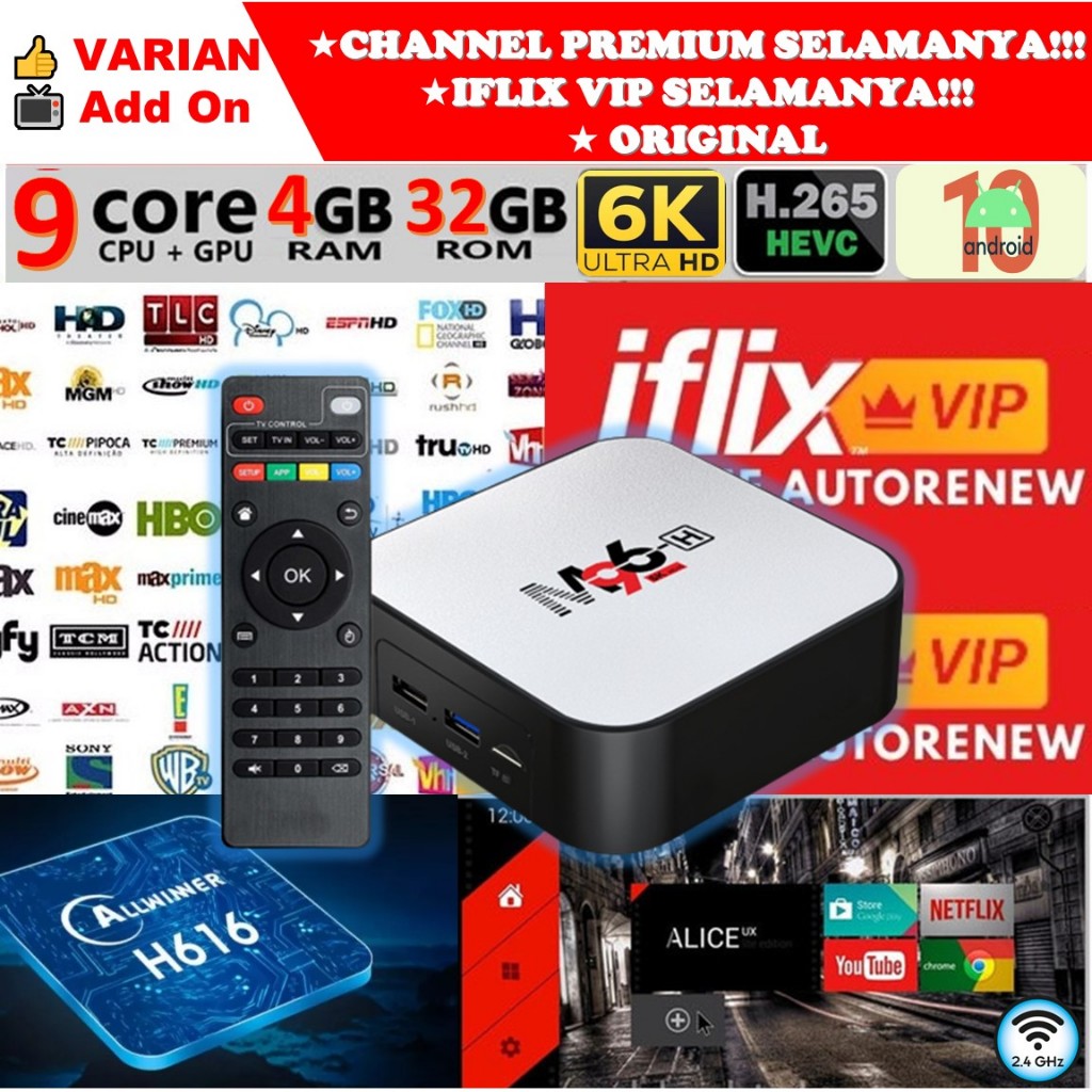 STB Android 10 Smart TV Box Android M96-H Ram 4GB Rom 32GB 4/32 Unlock Full Channel TV Iflix Tanpa B
