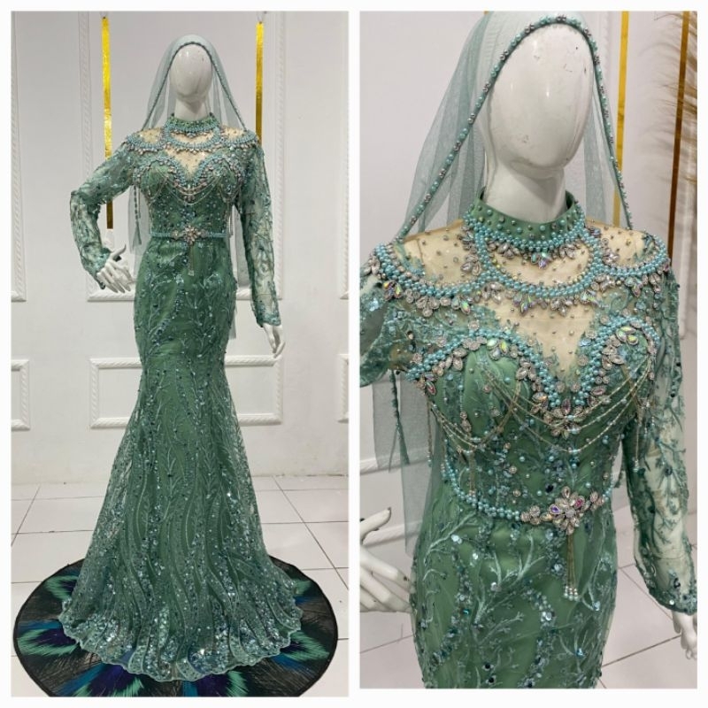 Gaun pengantin slim hijau wardah premium