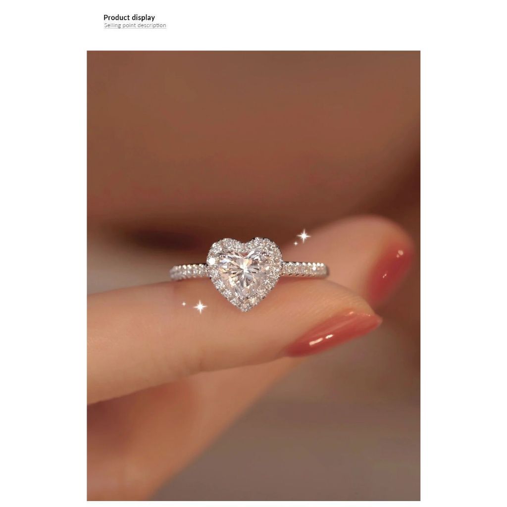 NJZ-16Cincin Berlian Batu Karbon Tinggi Berbentuk Hati Cinta untuk Wanita Perak Murni Perak