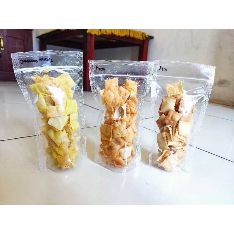 

paket bundling isi 3pcs keripik pangsit enak home made by me termurah kemasan 50gr