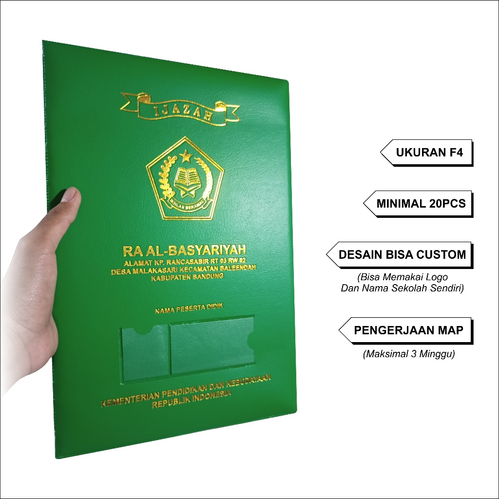 (MIN. 20PCS) CETAK MAP IJAZAH ISI PLASTIK 2 LEMBAR UNTUK RA KB TK PAUD SD SMP SMA SMK MI MTS MA