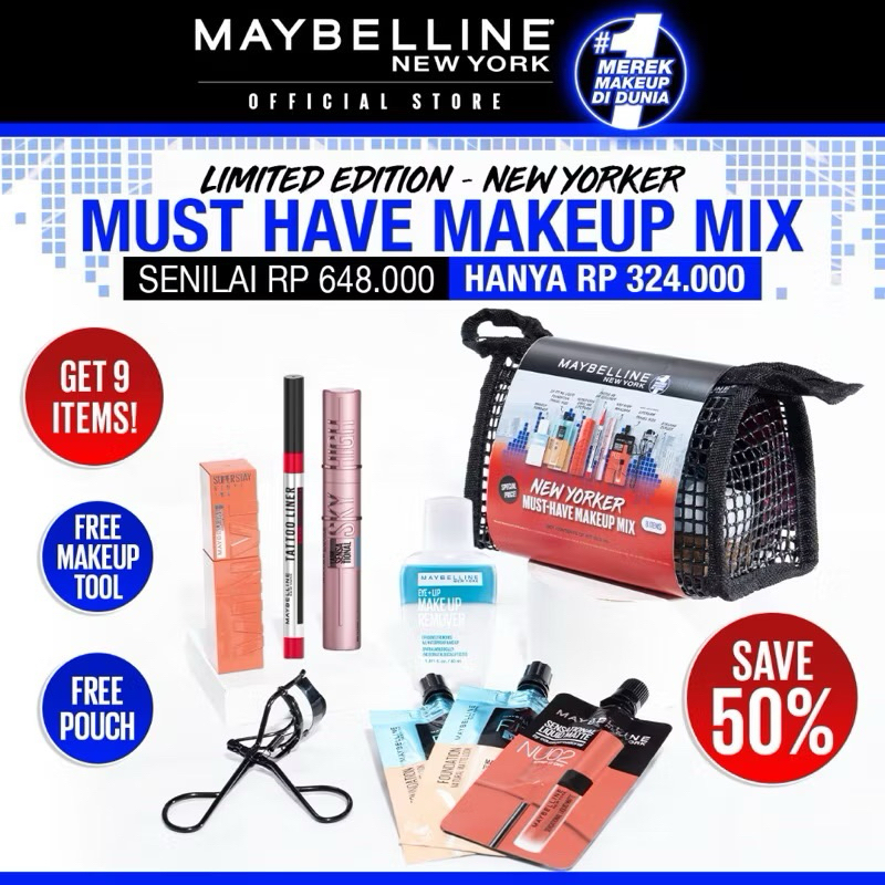 PAKET MAKEUP MAYBELLINE SET HEMAT 8 in 1 ORIGINAL BPOM FREE BAG - MAYBELLINE NEW YORKER MUST HAVE MA