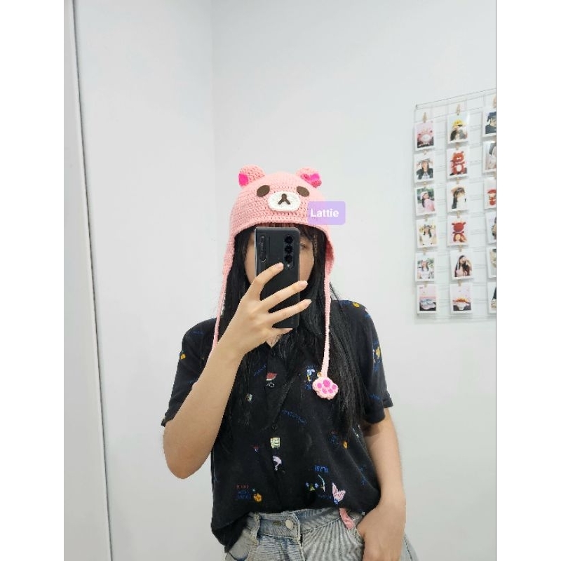 HANDMADE SAKURA KORILAKKUMA BEANIE HAT/RILAKKUMA HAT/AESTHETIC ESTETIK/KAWAI STYLE/SANRIO/CROCHET BU