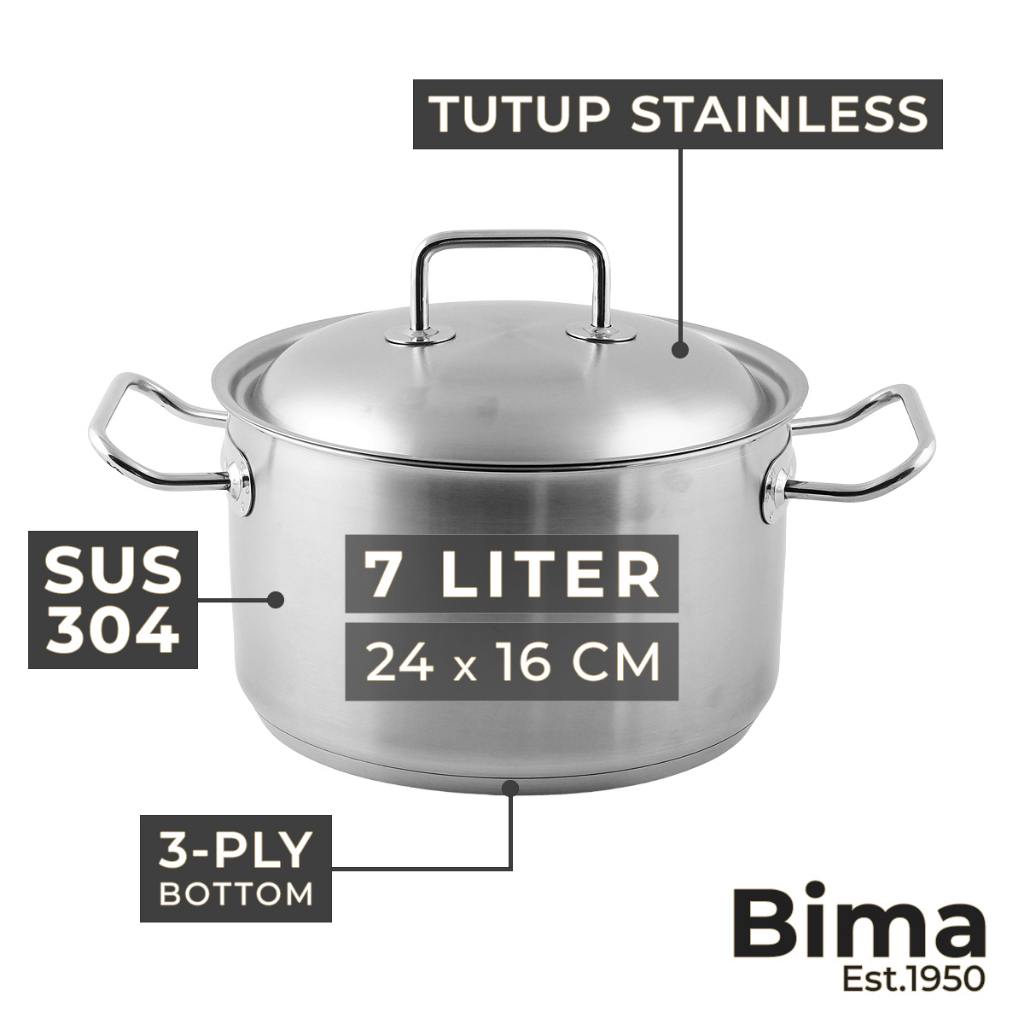 BIMA MorganWare Panci Stainless Premium SUS 304 24cm 7L Tebal 3-Ply Base Panci Sup Food Grade Induks