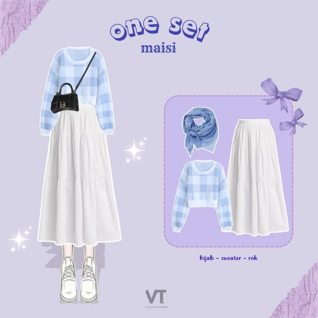 Setelan 3 in 1 Sweater Jennie Biru Rok Susun Wanita Putih Hijab Bella Square Biru Denim - One Set Me