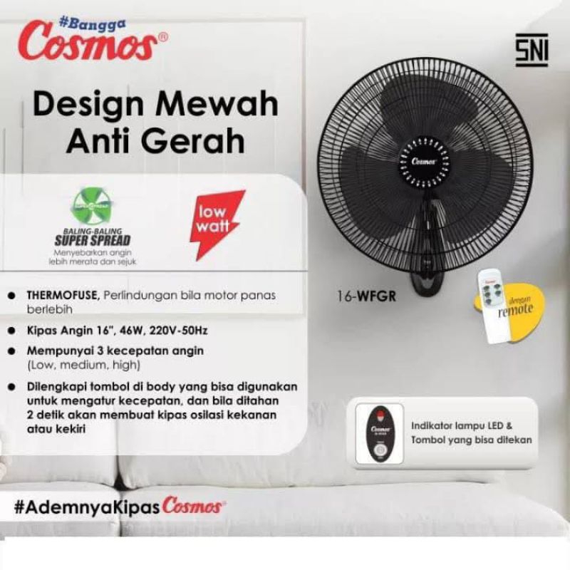 KIPAS ANGIN DINDING REMOT COSMOS WFGR 16 INCH REMOT