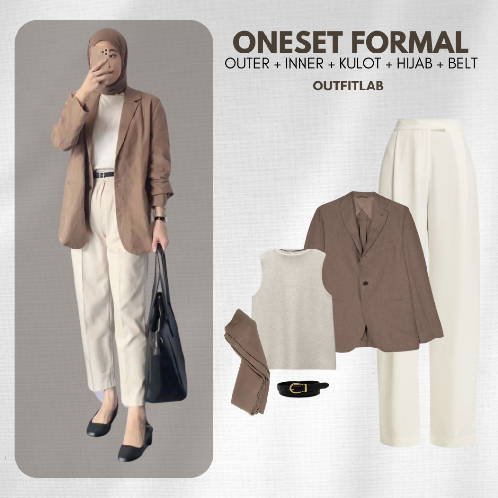 Formal Outfit Set Wanita Hijab Setelan Kerja Aestetic Kerja  Blazer Celana Baggy Pashmina OOTD