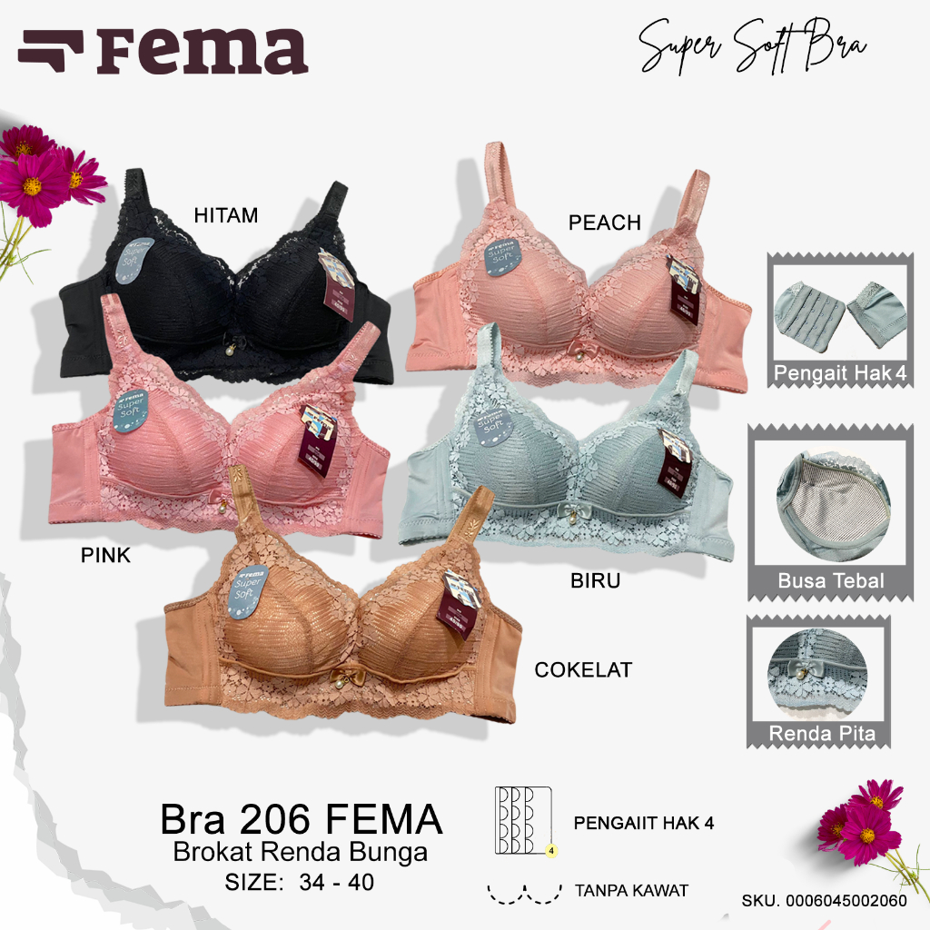 FEMA Official Shop Ecer 1 pcs Bh Bra 206 Renda Pita Hak 4 Tanpa Kawat Busa Tebal