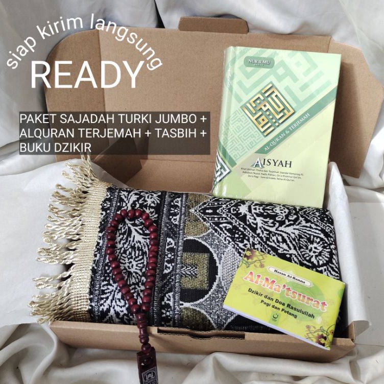 Produsen Resmi Paket Sajadah Turki Jumbo Alquran Terjemah Tasbih Buku Dzikir Seperangkat Alat Sholat