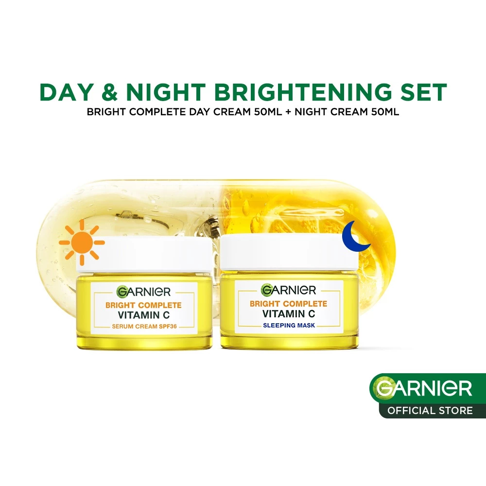 Garnier Bright Complete Whitening Serum Cream SPF 36 PA++ Vitamin C + Yuzu Yoghurt Sleeping Mask 50m