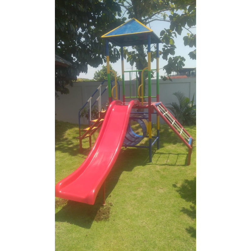 playground outdoor mainan anak rumah perosotan dengan jaring laba dan terowongan