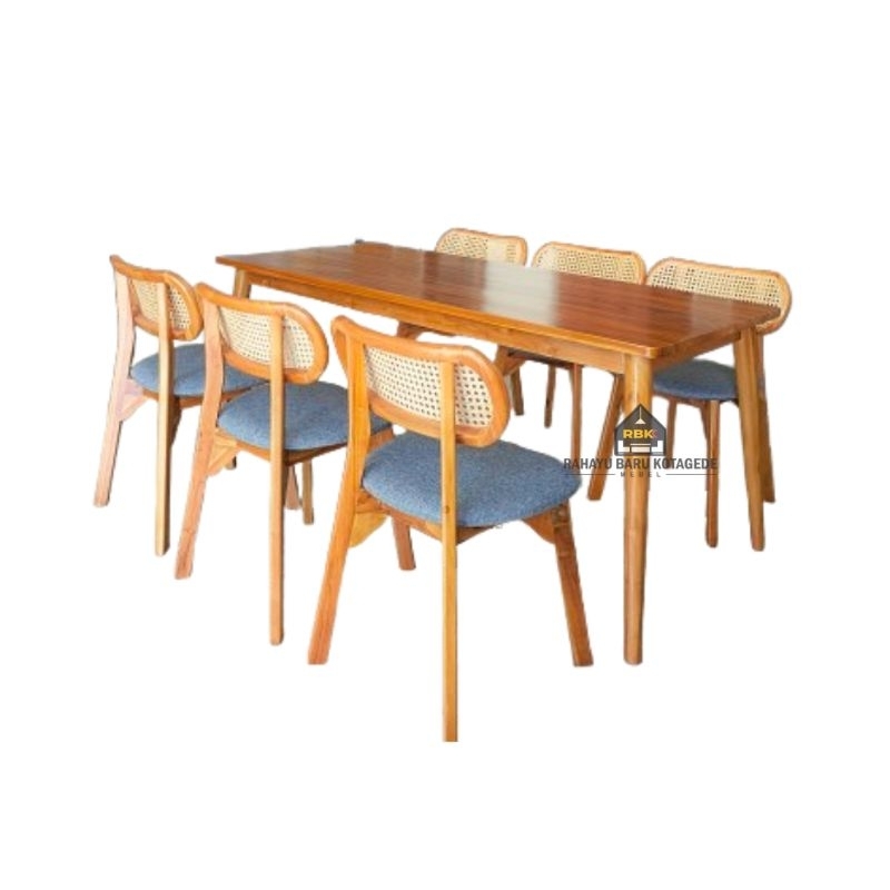 Set Meja Makan Rania Webbing Rotan 6 Kursi Meja Makan Kayu Jati Jogja