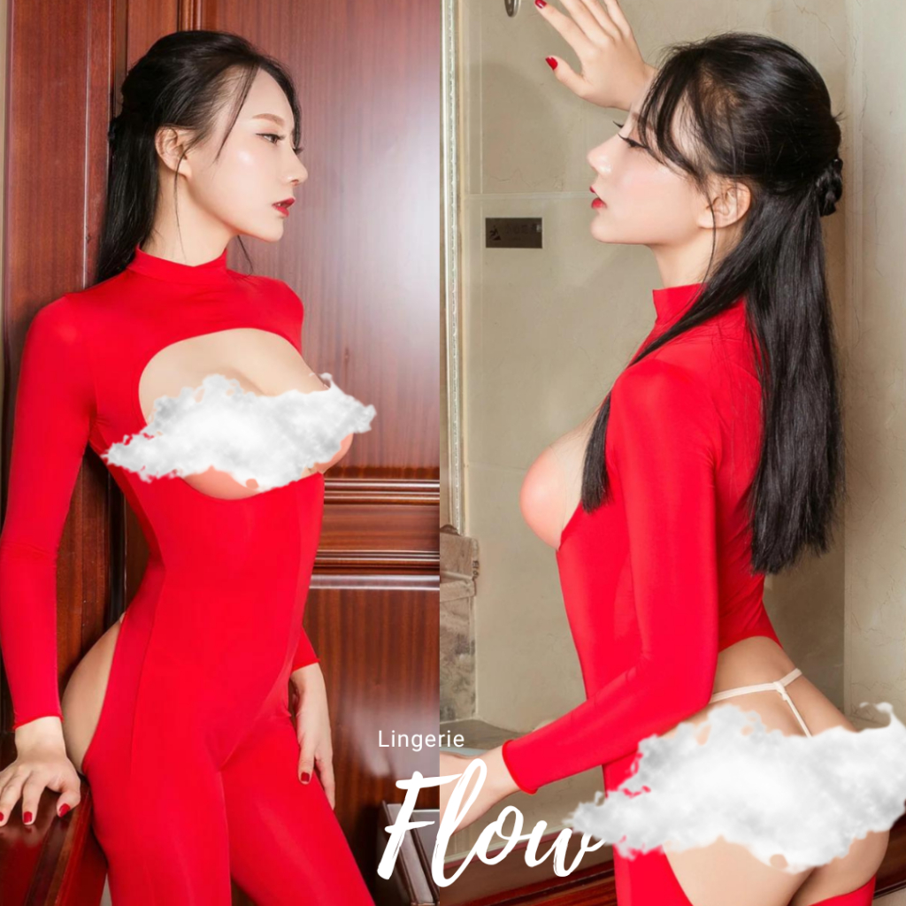 JK1715RD Lingerie Bodysuit Zentai Open Butt and Open Boobs - Bodysuit Red Long Sleeve / Costume Zent