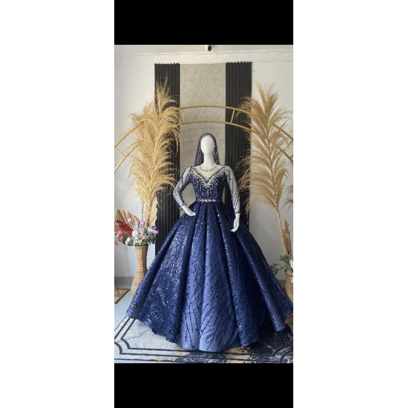 ball gown gradasi warna navy bahan squin jupiter