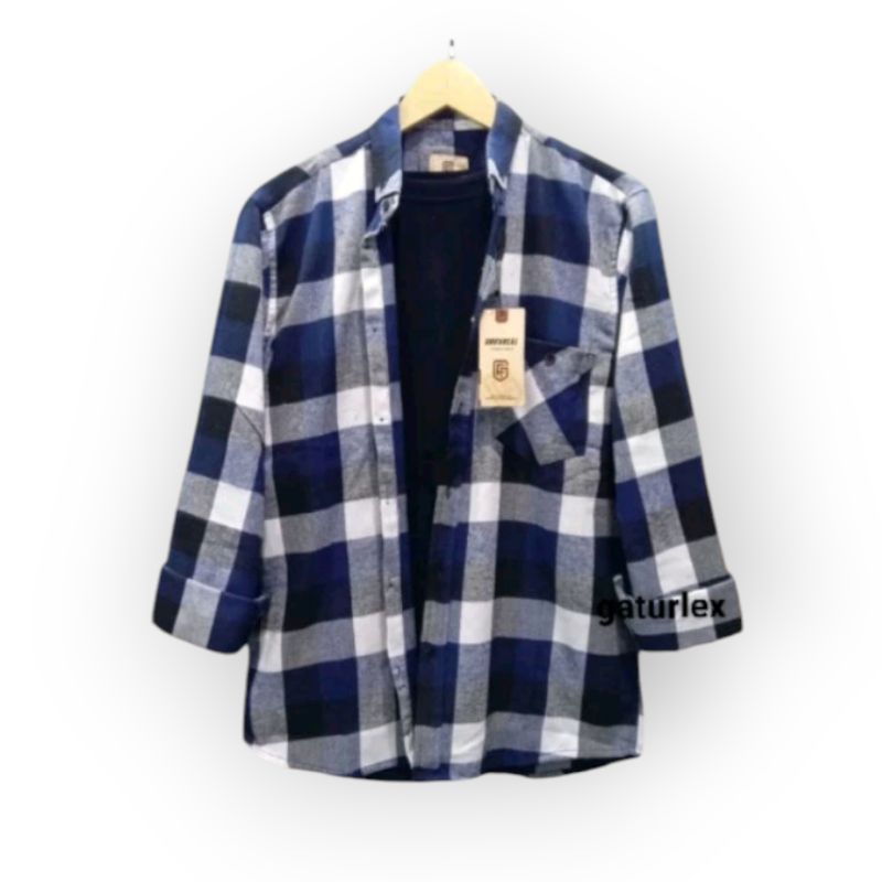 Baju kotak pria lengan panjang kemeja flanel catur biru dongker slimfit casual formal ukuran M L XL