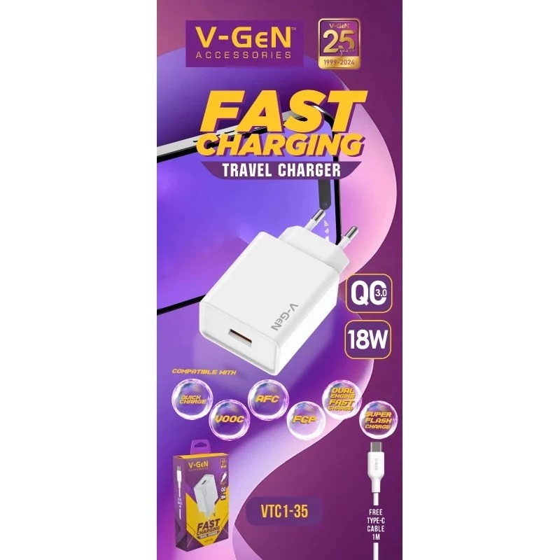 V-GEN Travel Charger V-GeN VTC1-35 QC3.0 18W Fast Charging VOOC AFC FCP CHARGER