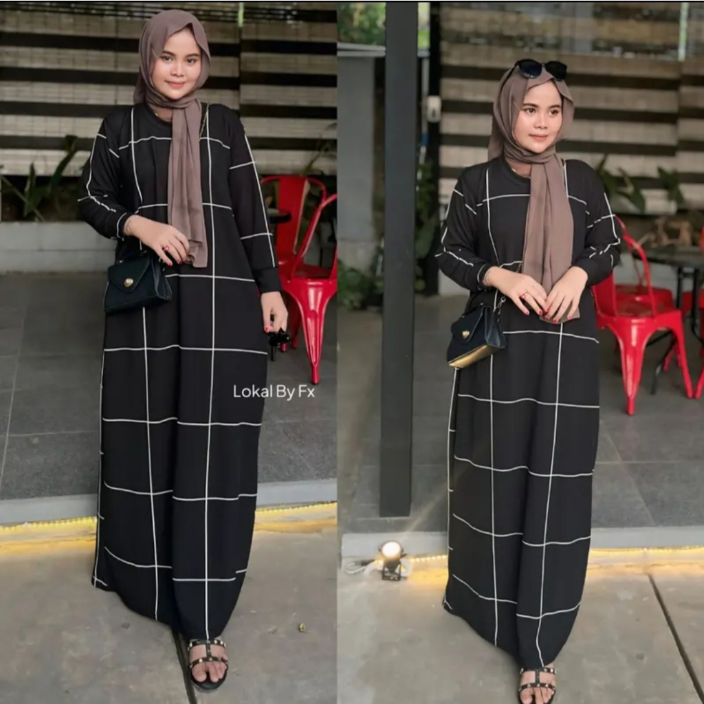 Gamis Muslim Knit JPN Motif Salur Kotak Lengan Panjang Rib Terbaru Dress Kondangan