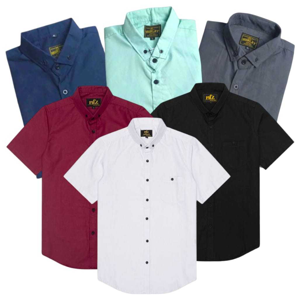 Hem Hitam Pria Kemeja Lengan Pendek Polos Slim Fit Katun Baju Pria Distro